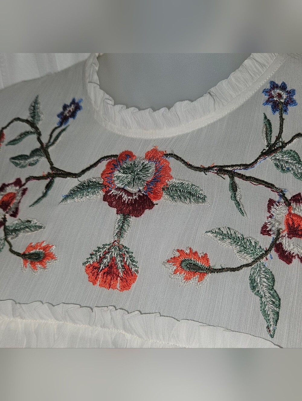 ZARA Boho Embroidered Floral Ruffle White Mini Dress - Picture 9 of 16